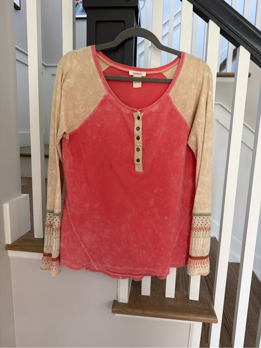 Sundance Henley Top Embroidered Sleeve Thermal Waffle Knit